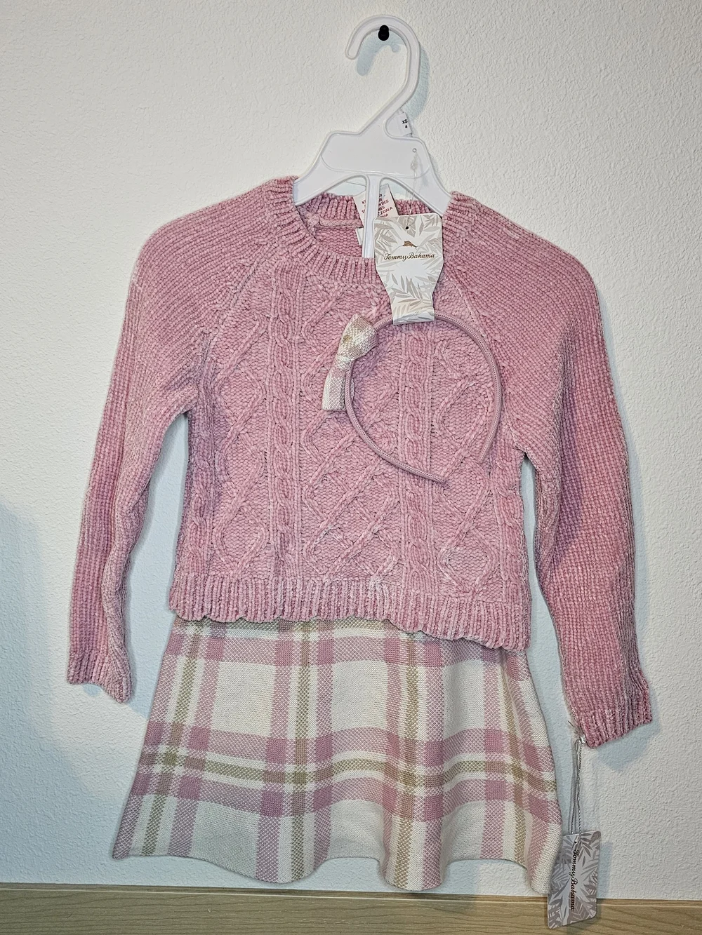 Tommy Bahama Pink Cable Knit Sweater Dress with Plaid Skirt and Headband